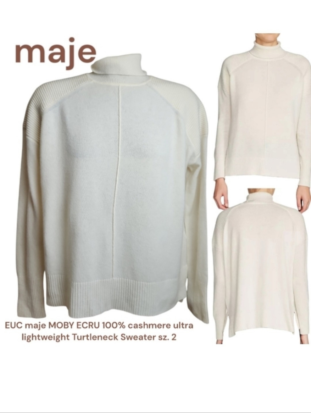 maje Women's moby 100% cashmere Turtleneck Sweater Off-White cream Top 2